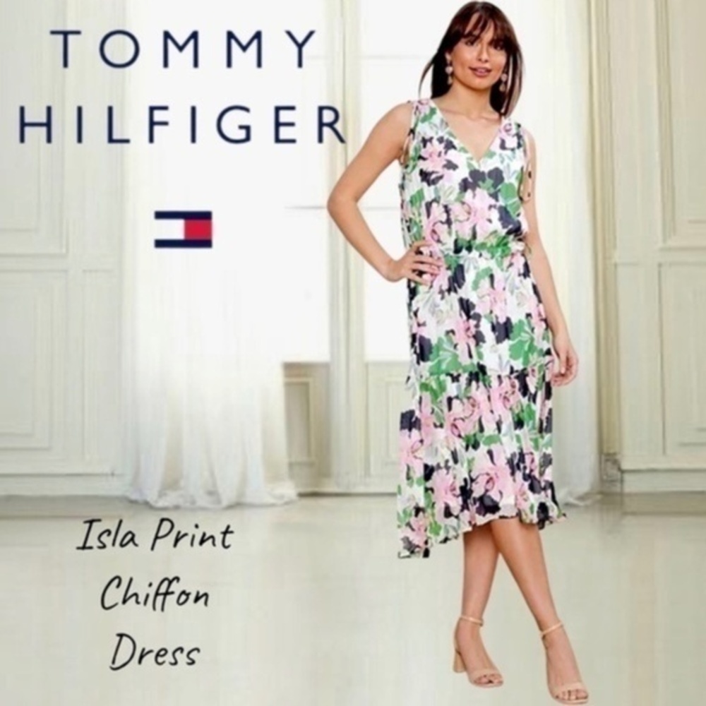 NWT TOMMY HILFIGER Isla Floral Print Chiffon V-Neck Tie Shoulder Midi Dress